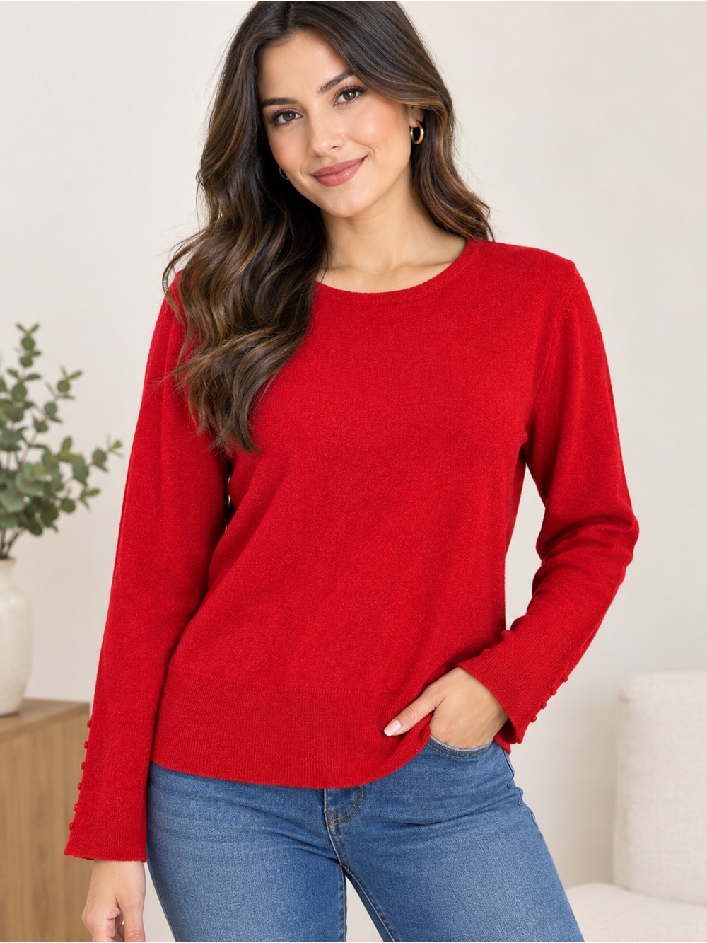JM Collection Red Crewneck Sweater Top with Button-Sleeve Detail